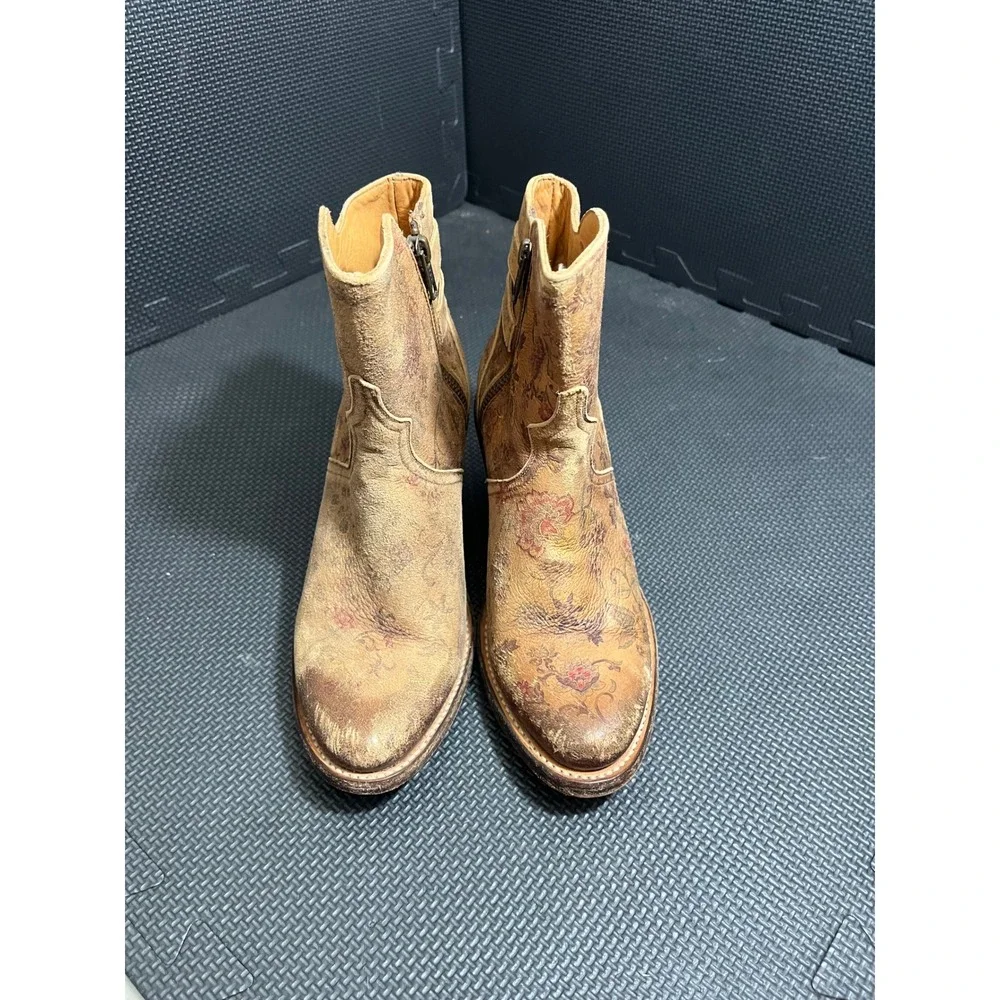 Lucchese Catalina Floral Leather Ankle Boots 6.5B‎ Tan Distressed Buckle M4953